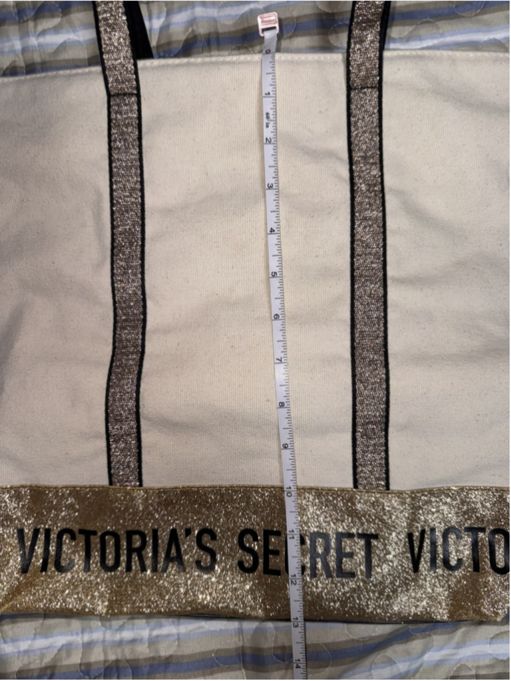 Victoria’s Secret Sparkle Carryall Canvas Tote Bag Weekender Gold Glitter Travel - Picture 12 of 13